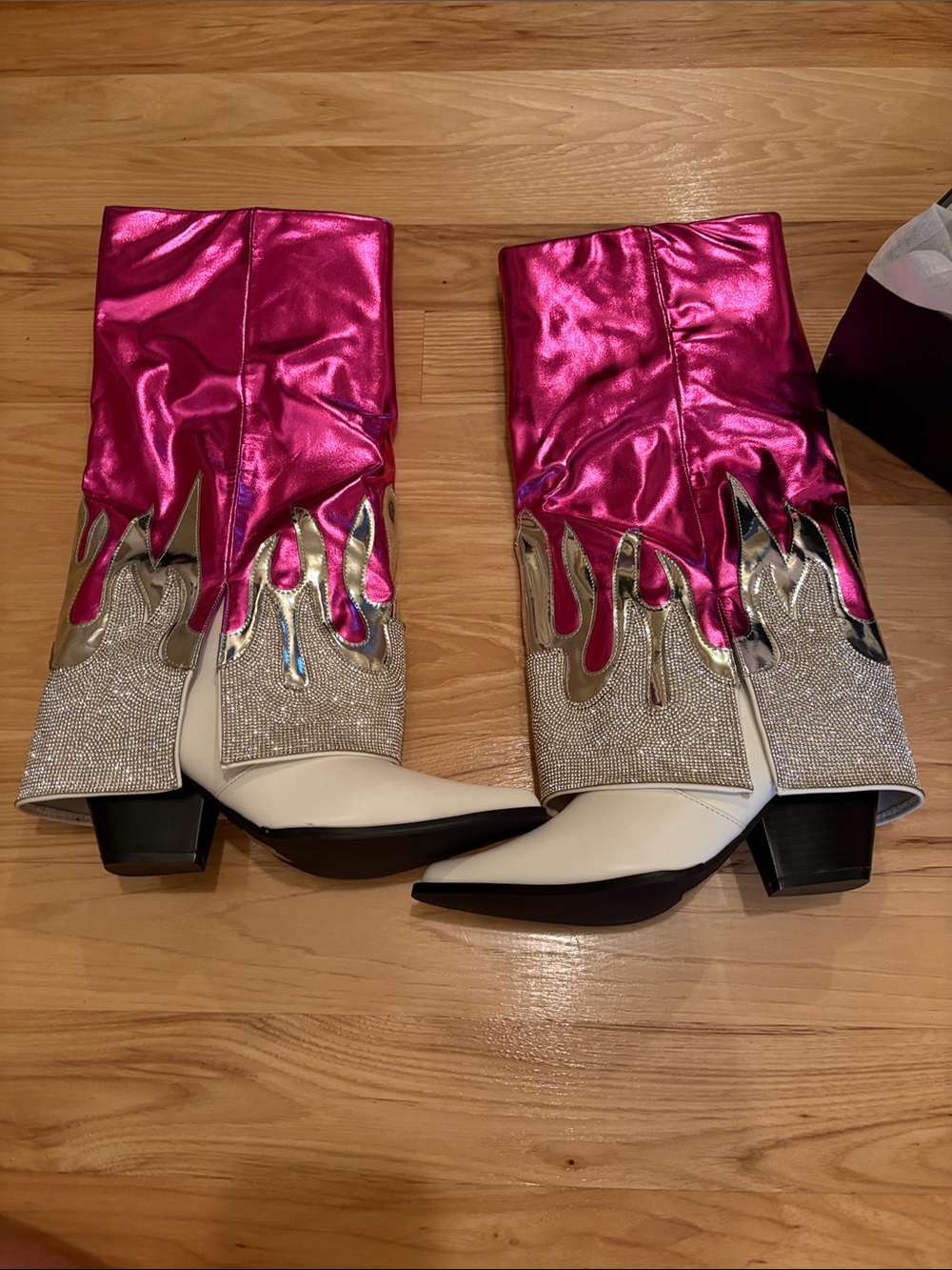 Cape Robbin Metallic Pink & White Western Booties with Rhinestone Flame
